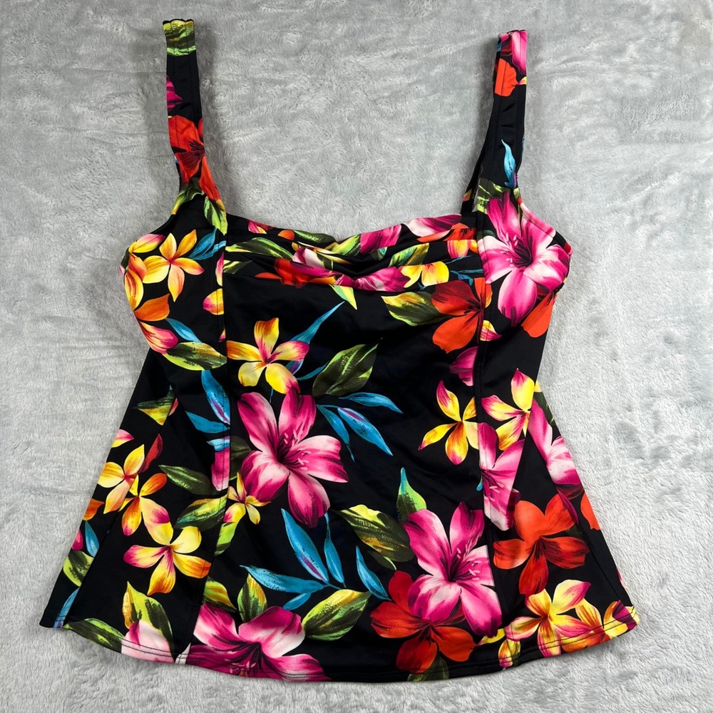 Caribbean Joe Womens Floral Tankini Swim Top Black Multi Tropical 24192T Size 14